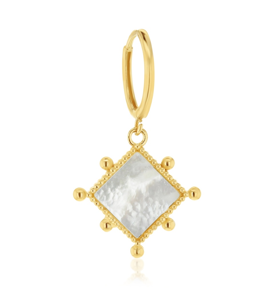9Y HUGGIE WITH DROP M.O.P DIAMOND WITH BEADED BALL BORDER