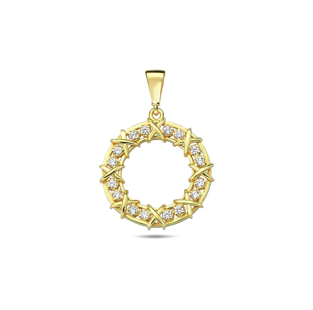 ## 9Y OPEN 16MM CIRCLE ALTERNATING TWO CZ WITH X BORDER PENDANT
