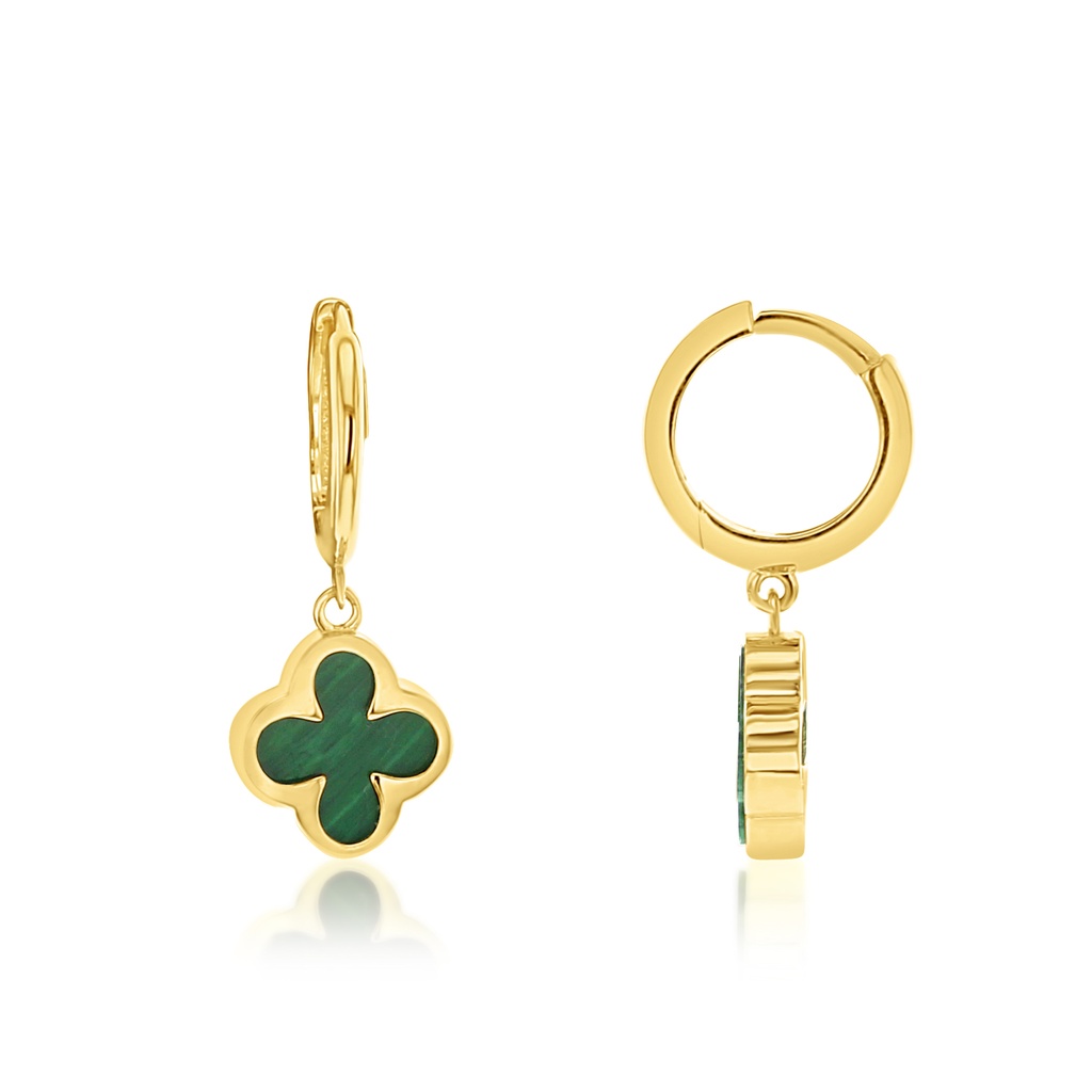 9Y HUGGIE WITH MALACHITE CLOVER DROP