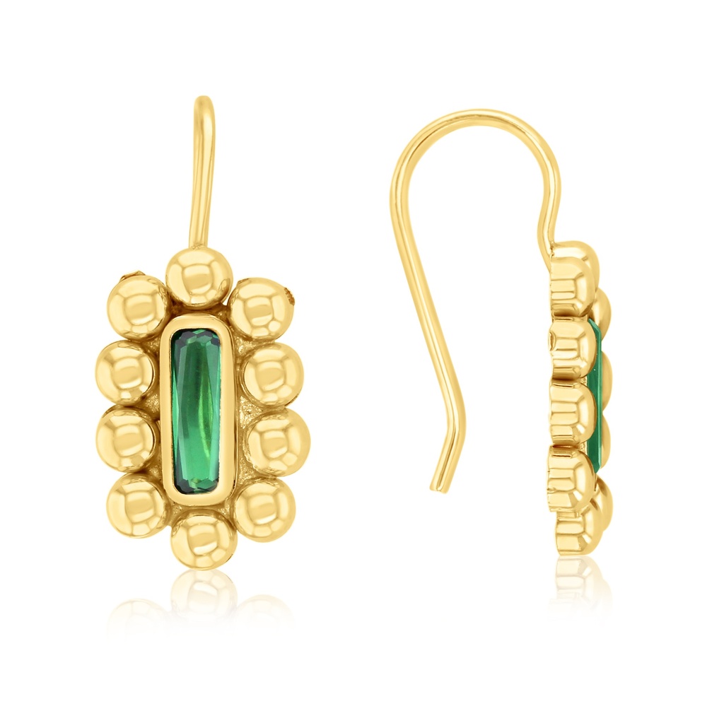 9Y GREEN STONE RECTANGLE HOOK DROP EARRING WITH BUBBLE BORDER