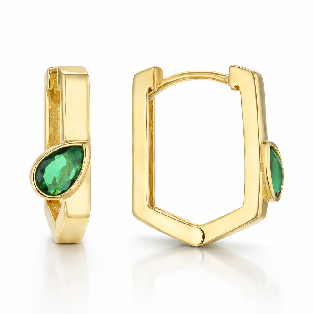 9Y FLAT PROFILE HUGGIE WITH GREEN TEARDROP STONE
