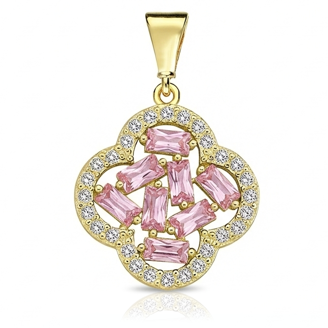 9Y CZ CLOVER PENDANT WITH PINK STONES
