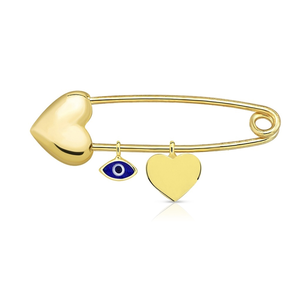 9Y HEART SAFETY PIN WITH FLAT HEART AND EVIL EYE CHARM