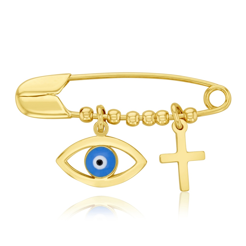9Y SAFETY PIN W/ BLUE EVIL EYE & CROSS