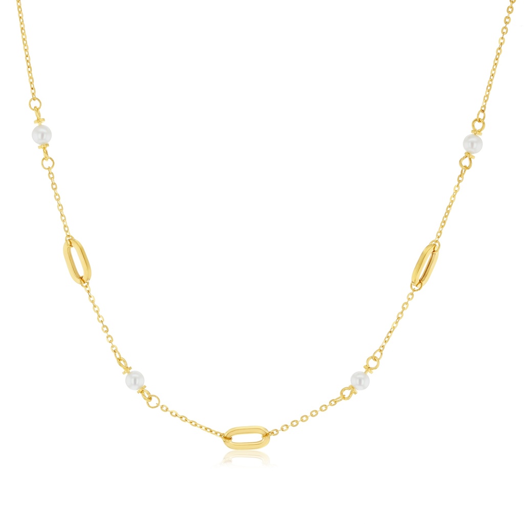 9Y STATIONS NECKLACE WITH ALTERNATING PEARLS & OVAL LINKS