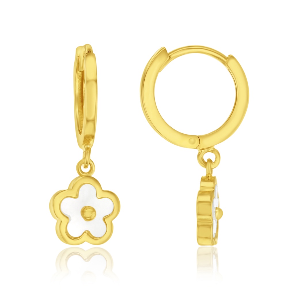 9Y HUGGIE HOOP EARRINGS WITH M.O.P. CHARMS