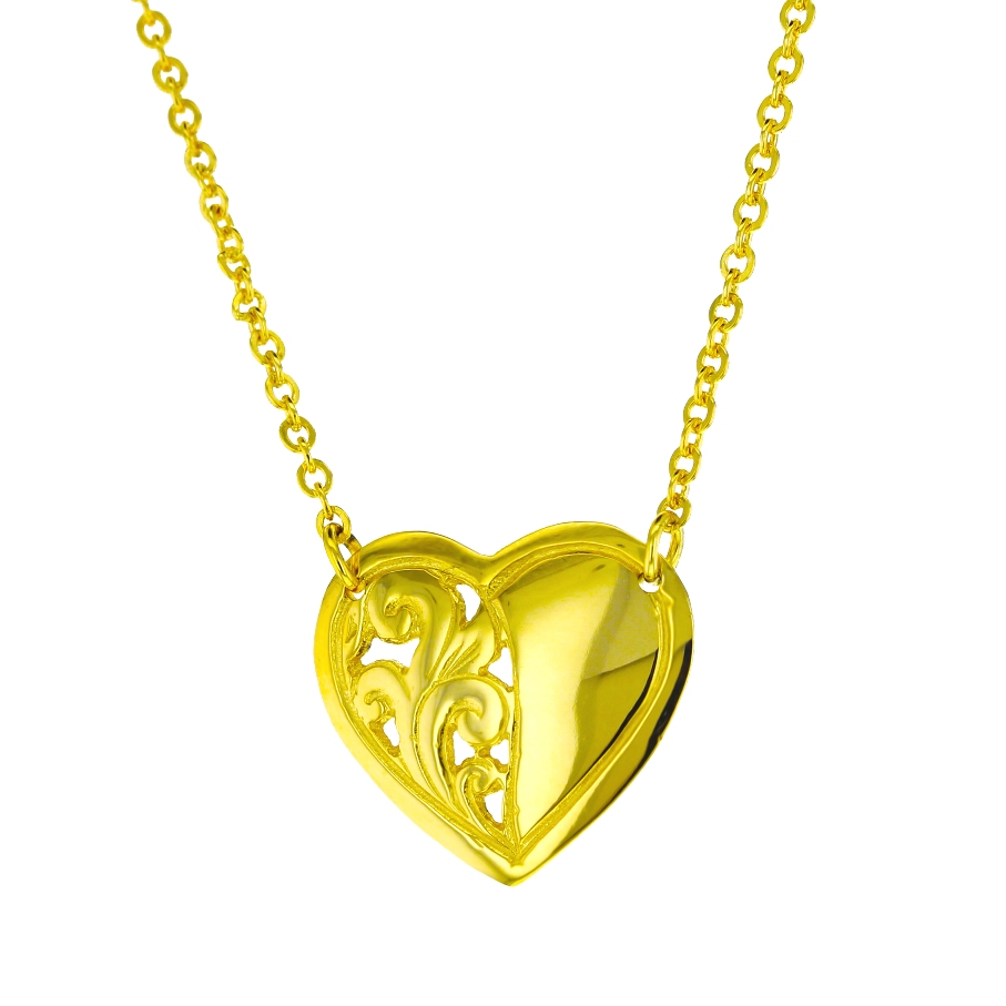 HALF FILI/PLN HEART ON FINE HAMMERED CABLE CHAIN