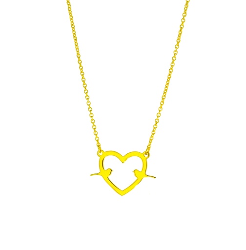 BIRDS ON HEART ON FINE HAMMERED CABLE CHAIN