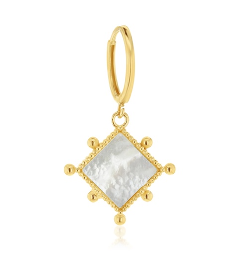 [EAR1097] ## 9Y HUGGIE WITH DROP M.O.P DIAMOND WITH BEADED BALL BORDER