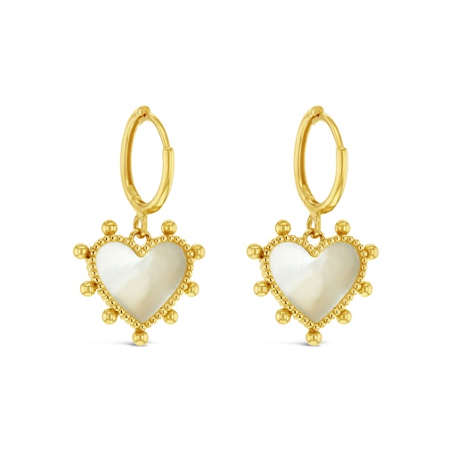 [EAR1096] ### 9Y HUGGIE WITH DROP M.O.P. HEART WITH BEADED BALL BORDER