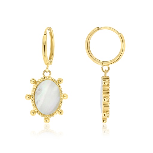 [EAR1098] ## 9Y HUGGIE WITH DROP M.O.P OVAL WITH BEADED BALL BORDER