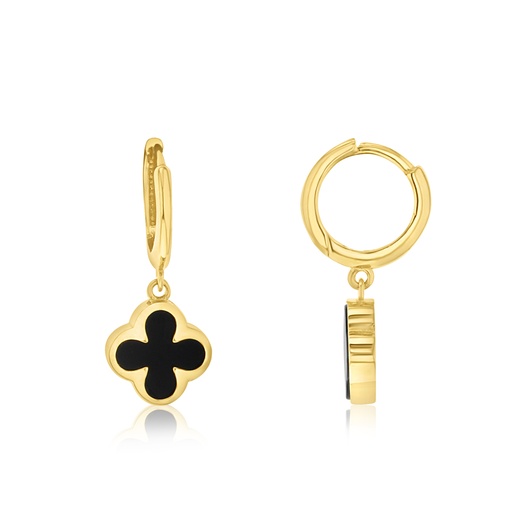 [EAR1140] 9Y HUGGIE WITH ONYX CLOVER DROP