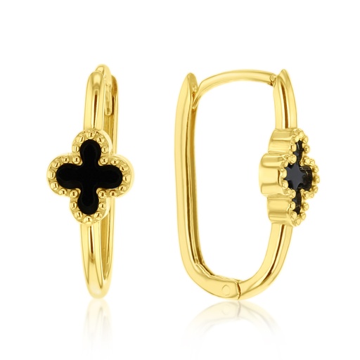 [EAR1271] 9Y ONYX CLOVER OVAL HUGGIE