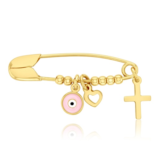 [BB255] 9Y SAFETY PIN W/ PINK EVIL EYE, HEART & CROSS