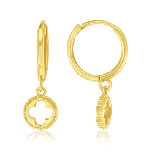 [EAR1359] 9Y HUGGIE HOOP EARRINGS WITH OPEN CLOVER CHARMS