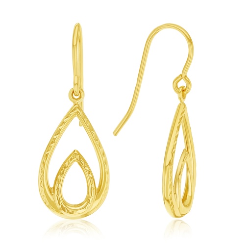 [EAR1361] 9Y TEARDROP DANGLE EARRINGS WITH TEXTURED DOUBLE-LOOP DESIGN